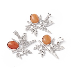 Red Aventurine Natural Red Aventurine Pendants, with Platinum Tone Brass Findings, Cadmium Free & Lead Free, Bird with Oval Charms, 29x32x6mm, Hole: 5x8mm