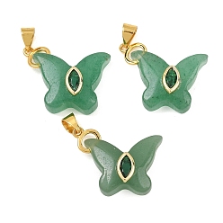 Green Aventurine Natural Green Aventurine Pendants, Butterfly Charms with Brass Micro Pave Cubic Zirconia Findings, Golden, 17.5~19x23~25x6.5~7mm, Hole: 3.5x4mm