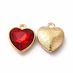 Red Faceted Glass Rhinestone Pendants, with Golden Tone Zinc Alloy Findings, Heart Charms, Red, 16.5x14x6.5mm, Hole: 1.6mm