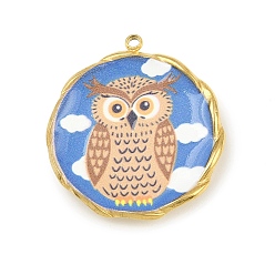 Васильковый Печатные 304 подвески из нержавеющей стали, плоские круглые с совой, вакуумное покрытие pvd, реальный 18 k позолоченный, васильковый, 25.5x23.5x3 мм, отверстие : 1.5 мм