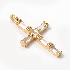 Golden Brass Micro Pave Clear Cubic Zirconia Pendants, Long-Lasting Plated, Cross, Golden, 24x12.5x3mm, Hole: 3x2mm