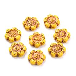 Yellow Czech Glass Beads, Flower, Yellow, 14x14mm, Hole: 0.8~1mm