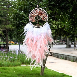 Gemstone Iron & Natural Gemstone Woven Web/Net with Feather Pendant Decorations, Flat Round with Tree of Life, Packaging: 320x180mm