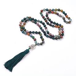 Indian Agate Tassel Pendant Necklaces, with Natural Indian Agate Beads, Buddha Head, 31.1 inch~33 inch(79~84cm)