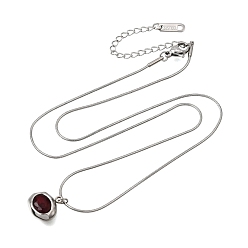 Red 304 Stainless Steel Pave Cubic Zirconia Pendant Necklaces, Oval, Stainless Steel Color, Red, 17.72~18.11 inch(45~46cm)