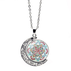 Mint Cream Glass Moon with Mandala Flower Pendant Necklace, Stainless Steel Jewelry for Women, Mint Cream, 17.72 inch(45cm)