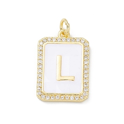 Letter L Brass Enamel Micro Pave Clear Cubic Zirconia Pendants, with Jump Ring, Real 18K Gold Plated, Rectangle Charm, Letter L, 20x13.5x2mm, Hole: 3.4mm