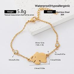 Golden Adjustable 304 Stainless Steel Link Bracelets, Elephant, Golden, 7.09 inch(18cm)
