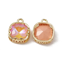 Light Peach Square K9 Glass Charms, Faceted, with Light Gold Tone Brass Edge, Light Peach, 15x12x4.5mm, Hole: 1.8mm