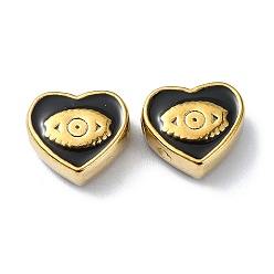 Black Ion Plating(IP) 304 Stainless Steel Enamel Beads, Real 18K Gold Plated, Heart with Eye, Black, 9x10x4.5mm, Hole: 1.2mm