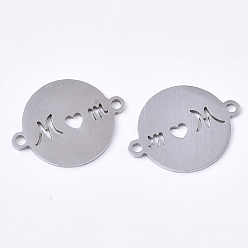 Stainless Steel Color 201 Stainless Steel Links connectors, Laser Cut Links, for Mother's Day, Flat Round with Word Mom, Stainless Steel Color, 20x15.5x1mm, Hole: 1.6mm