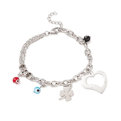 Stainless Steel Color Round Evil Eye Lampwork & Heart & Clover Charm Bracelet with 304 Stainless Steel Chain for Women, Stainless Steel Color, 7 inch(17.8cm)