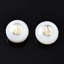White Freshwater Shell Beads, Golden Metal Enlaced, Flat Round with Peace Sign, White, 8.5x3.5~5mm, Hole: 0.8mm