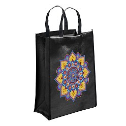 Flower DIY Diamond Painting Handbag Kits, Including Canvas Bag, Resin Rhinestones, Pen, Tray & Glue Clay, Black, Flower, 350x290mm