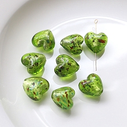 Lime Green Handmade Lampwork Beads, with Silver Foil, Heart, Lime Green, 15x14mm