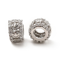Платина Покрытие стойки латунь микропаве прозрачные кубические циркониевые бусины, долговечный, без кадмия и без свинца, рондель с улыбающимся лицом, платина, 8x5.5 мм, отверстие : 3.9 мм