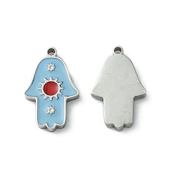 Stainless Steel Color 304 Stainless Steel Manual Polishing Charms, with Enamel, Hamsa Hand/Hand of Miriam with Sun, Stainless Steel Color, 12x7.5x1.5mm, Hole: 0.9mm
