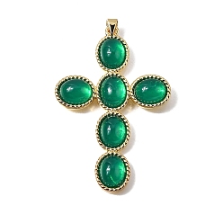 Зеленый Латунные стеклянные большие подвески, крест прелести, долговечный, без кадмия и без свинца, реальный 18 k позолоченный, зелёные, 55x37.5x6 мм, отверстие : 3.5x3 мм