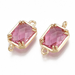Hot Pink Glass Links connectors, with Brass Findings, Faceted, Rectangle, Golden, Hot Pink, 16x9x3.5mm, Hole: 1.2mm