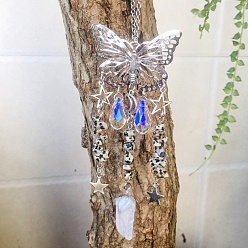 Dalmatian Jasper Metal Hollow Butterfly Hanging Ornaments, Natural Dalmatian Jasper Chip and Glass Teardrop Tassel Suncatchers for Home Outdoor Decoration, 210~230mm