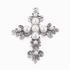 Beige Latin Cross Antique Silver Plated Alloy Big Gothic Pendants, with Acrylic Pearl Cabochons, Beige, 75x53x11mm, Hole: 3mm