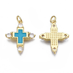 Teal Brass Micro Pave Cubic Zirconia Enamel Pendants, with Jump Rings, Cadmium Free & Nickel Free & Lead Free, Real 16K Gold Plated, Cross, Teal, 23x19x3mm, Jump Ring: 5x1mm, 3mm inner diameter