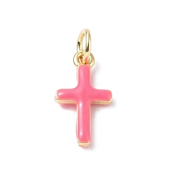 Hot Pink Real 18K Gold Plated Eco-Friendly Rack Plating Brass Enamel Pendants, Long-Lasting Plated, with Jump Rings, Lead Free & Cadmium Free, Cross Charm, Hot Pink, 15x8x3mm, Hole: 3.4mm