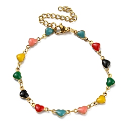 Colorful Golden 304 Stainless Steel Heart Link Chain Bracelet with Enamel, Colorful, 6-7/8 inch(17.5cm)