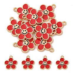 Red Alloy Enamel Pendants, Golden, Flower with Smiling Face Charm, Red, 15x14x2mm, Hole: 1.4mm