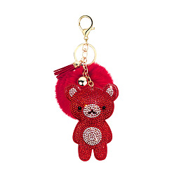 2. Red Cute Bear Fur Ball Keychain with Rhinestone and Fluffy Pom-pom Pendant