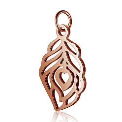 Rose Gold 304 Stainless Steel Pendants, Feather, Rose Gold, 17.5x10.5x1mm, Hole: 2.5mm