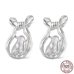 Real Platinum Plated Rhodium Plated 925 Sterling Silver Stud Earring Settings, Mouse, for Half Drilled Beads, with S925 Stamp, Real Platinum Plated, 18x11.5mm, Pin: 11x0.9mm and 0.7mm