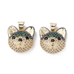 Green Brass Micro Pave Cubic Zirconia Pendants, Real 16K Gold Plated, Dog Charms, Green, 16.5x16x7.5mm, Hole: 5x3mm