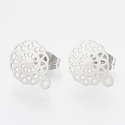 Stainless Steel Color 304 Stainless Steel Stud Earring Findings, with Loop, Flower, Stainless Steel Color, 13x10.5mm, Hole: 1mm, pin: 0.7mm