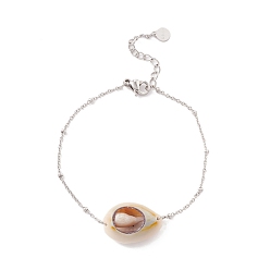 Seashell Color Natural Cowrie Shell Link Bracelet with Satellite Chain for Women, Stainless Steel Color, Seashell Color, 6-1/2 inch(16.4cm)