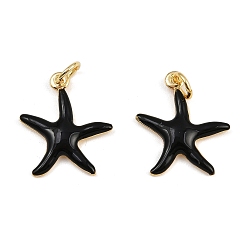 Черный Латунные эмалевые подвески в виде морских звезд, прелести морских животных, с прыжковых колец, золотые, стойки покрытие, без кадмия и без свинца, долговечный, чёрные, 17.5x15.5x2.5 мм, отверстие : 3.4 мм