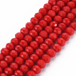 Red Opaque Solid Color Glass Beads Strands, Faceted, Rondelle, Red, 6x5mm, Hole: 1mm, about 85~88pcs/strand, 16.1~16.5 inch(41~42cm)