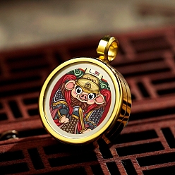 Pig Titanium Steel Locket Pendants, Flat Round with Chinese Zodiac, Golden, Pig, 20mm, Inner Diameter: 15mm