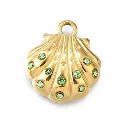 Перидот 304 кулон из нержавеющей стали, со стразами, ионное покрытие (ip), формы раковины, реальный 14 k позолоченный, перидот, 14x12.5x3.5 мм, отверстие : 1.5 мм