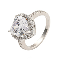 Platinum Rack Plating Brass Micro Pave Cubic Zirconia Adjustable Rings, Heart, Platinum, Inner Diameter: 17mm