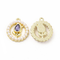 Средний Фиолетовый Стеклянные подвески из сплава с покрытием стойки, с абс пластмассовой имитационной жемчужиной, без кадмия, без никеля и без свинца, плоский круглый с тюльпаном, золотой свет, средне фиолетовый, 20.5x18x4 мм, отверстие : 1.6 мм