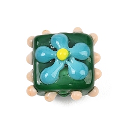 Зеленый Ручной работы ухабистым Шарики Lampwork, прямоугольник с цветочным узором, зелёные, 16~17x16~17x9~11 мм, отверстие : 1.6~1.8 мм