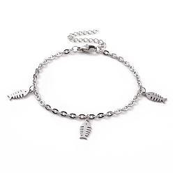 Stainless Steel Color 304 Stainless Steel Fishbone Charm Bracelet with Cable Chains for Women, Stainless Steel Color, 7-1/8 inch(18cm)