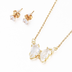 Golden Brass Cubic Zirconia Pendant Necklace & Stud Earring Jeweley Sets, with 304 Stainless Steel Cable Chains, Lobster Claw Clasps and Ear Nuts, Butterfly, Clear, Golden, 17.51 inch(44.5cm), 5mm, Pin: 0.7mm