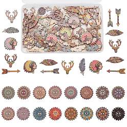 Colorful Gorgecraft 150Pcs 6Pcs 2-Hole Printed Wooden Buttons, for Sewing Crafting, Dyed, Flower & Arrow & Indian & Deer & Feather, Colorful, 19.5~44x15~30.5x1~2.5mm, Hole: 1.2~1.8mm