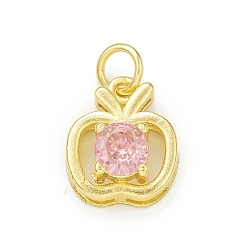 Pearl Pink Rack Plating Brass Cubic Zirconia Charms, with Jump Ring, Cadmium Free & Lead Free, Long-Lasting Plated, Real 18K Gold Plated, Apple Charm for Teacher's Day, Pearl Pink, 13x10.5x5.5mm, Hole: 3mm