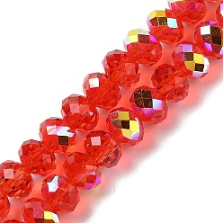 Crimson AB Color Plated Transparent Electroplate Beads Strands, Faceted, Round, Crimson, 7.5x6mm, Hole: 1mm, about 80~83pcs/strand, 18.31~19.88''(46.5~50.5cm)