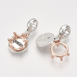 Platinum & Rose Gold Alloy European Dangle Charms,  Large Hole Pendants, Crown and Flat Round with Word Queen, Antique Silver & Rose Gold, 24mm, Hole: 4.5mm