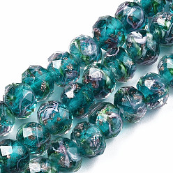 Light Sea Green Handmade Gold Sand Lampwork Beads Strands, Inner Flower, Faceted Rondelle, Light Sea Green, 8x6mm, Hole: 2mm, about 70pcs/strand, 17.3 inch