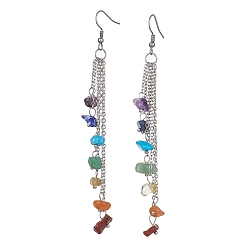 Chip Chakra Natural & Synthetic Mixed Gemstomne Beaded Dangle Earrings, 316 Surgical Stainless Steel Chains Tassel Earrings, Chip, 106mm